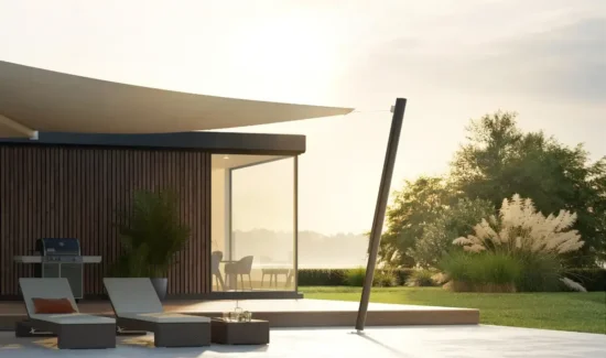 Sonnensegel in Garten mit Sonnenuntergang