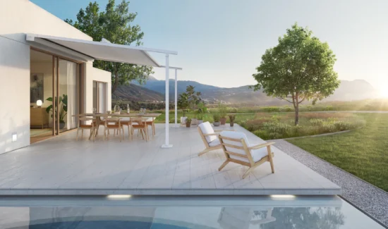 Moderne Terrasse mit Blick auf die Landschaft und Sonnenaufgang