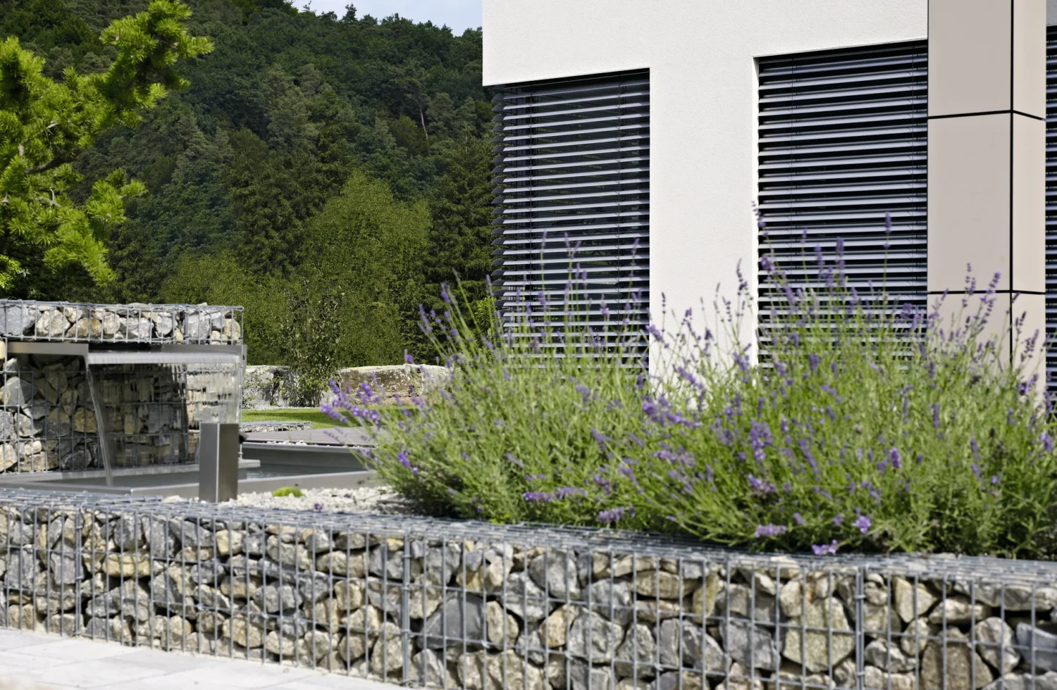 Moderne Gebäudefassade mit Gabionen und Lavendel