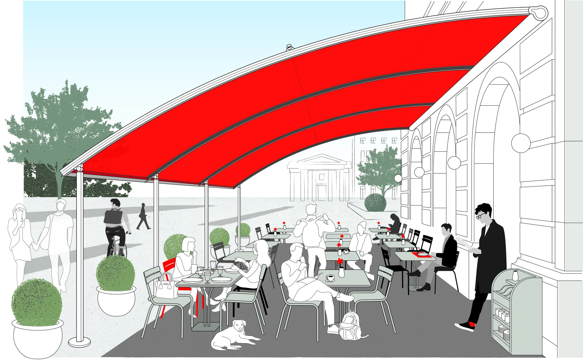 Illustration eines Straßencafés mit roter Markise und Menschen, die sich entspannen